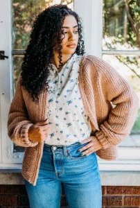 Gray Tunisian cardigan over mock neck top