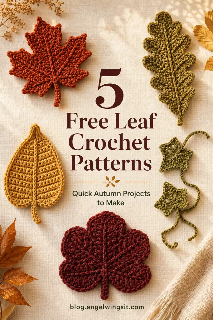 Promotional graphic featuring five crocheted leaves in fall colors—green, teal, mustard yellow, and beige—arranged on a neutral fabric background. Text overlay reads ‘5 Free Leaf Crochet Patterns to Celebrate Fall,’ with a color palette of circular swatches below showing dark green, teal, brown, and beige.