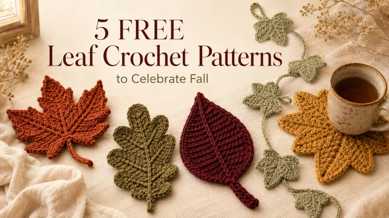 Graphic showing crochet leaves reading "5 Free Leaf Crochet Patterns"