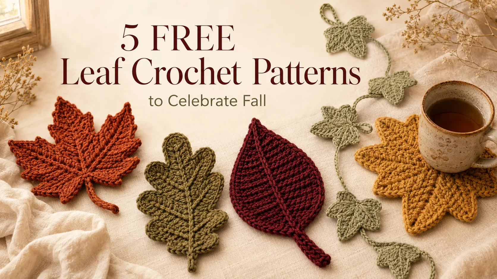 Graphic showing crochet leaves reading "5 Free Leaf Crochet Patterns"
