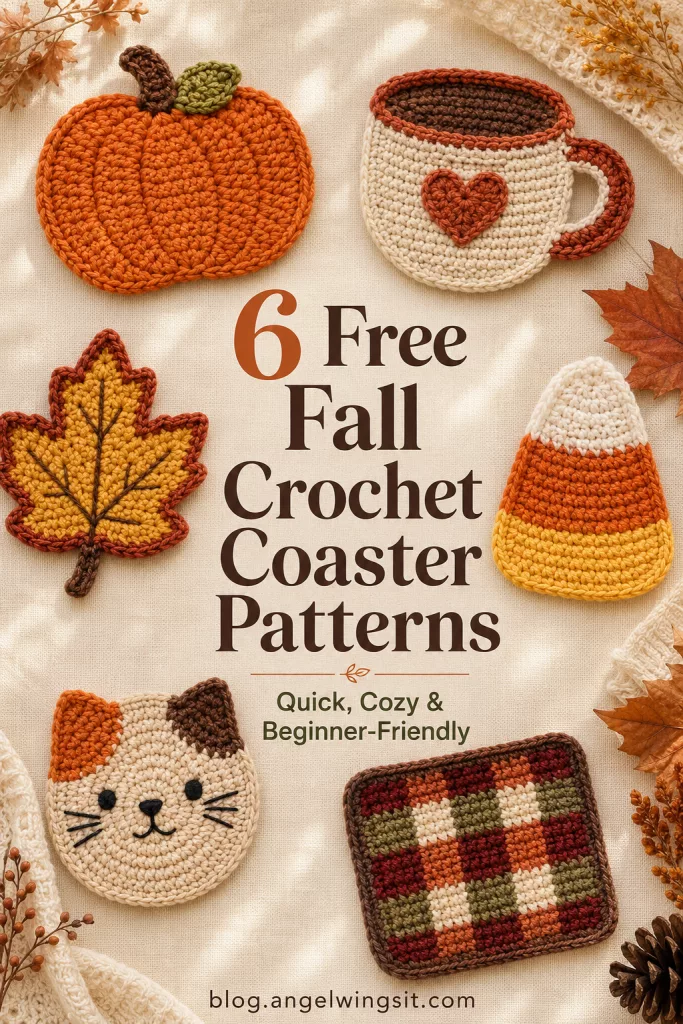 6 free fall crochet coaster patterns including a leaf, pumpkin, coffee cup, candy corn, cat face, and plaid coaster arranged on a wooden surface.