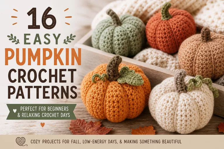 Cozy fall flat lay featuring crocheted pumpkins in warm autumn colors with text “16 easy pumpkin crochet patterns,” perfect for beginners and relaxing crochet days