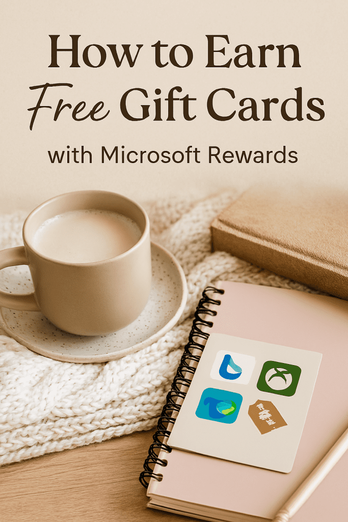 Warm, cozy‑themed Pinterest graphic with beige textured background and overlay text reading “How to Earn Free Gift Cards with Microsoft Rewards.” The word “Free” is in a handwritten script for emphasis. In the lower half, a ceramic mug of frothy drink sits on a speckled plate atop a chunky knitted blanket, next to a pink spiral‑bound journal. A small Microsoft Rewards card with Bing, Xbox, Edge, and dollar‑tag icons rests on the journal.