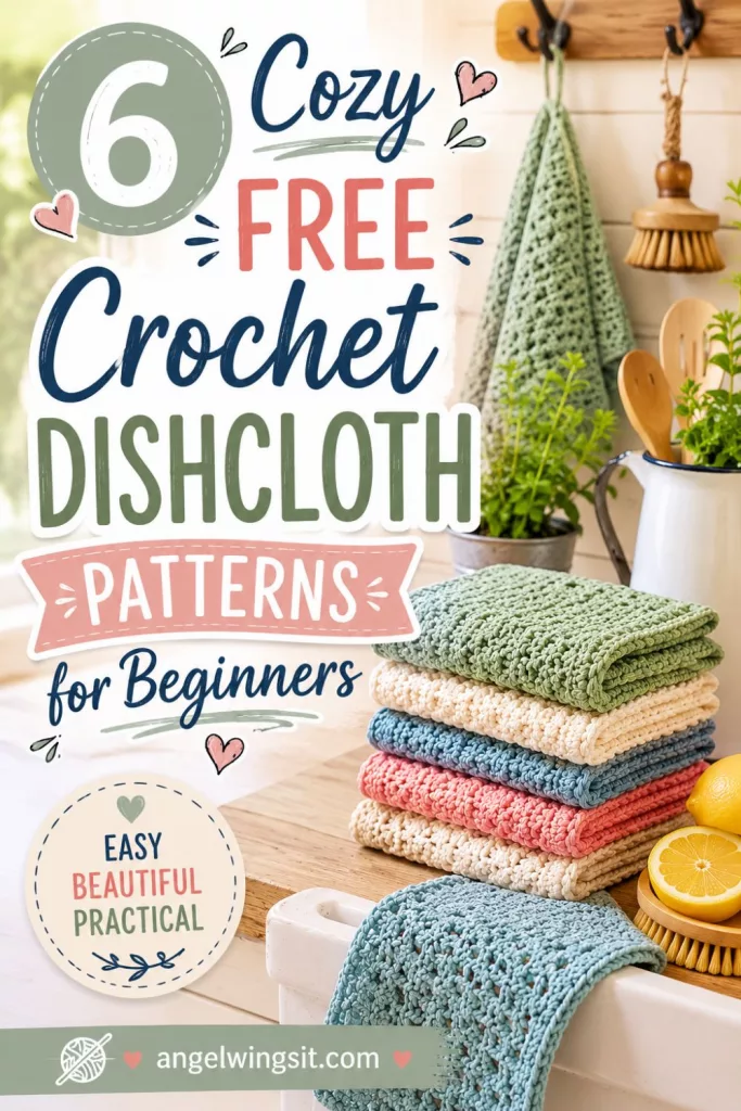 A tall Pinterest graphic featuring a stack of cozy cotton crochet dishcloths in green, cream, blue, and pink, with text that reads 'Crochet Dishcloth Patterns for Beginners'.