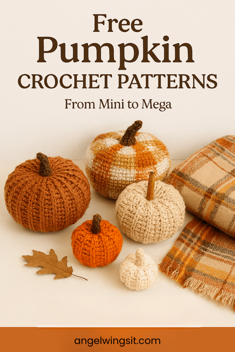 Flat-lay of five handmade crochet pumpkins in various textures and autumn colors, arranged beside a folded plaid blanket and a dried oak leaf. Text overlay reads ‘Free Pumpkin Crochet Patterns – From Mini to Mega’ with ‘angel wings it crochet’ branding at the bottom. The pumpkins include ribbed, moss stitch, buffalo plaid, and mini styles in shades of terracotta, cream, orange, and beige.