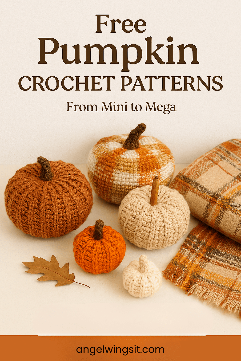 Flat-lay of five handmade crochet pumpkins in various textures and autumn colors, arranged beside a folded plaid blanket and a dried oak leaf. Text overlay reads ‘Free Pumpkin Crochet Patterns – From Mini to Mega’ with ‘angel wings it crochet’ branding at the bottom. The pumpkins include ribbed, moss stitch, buffalo plaid, and mini styles in shades of terracotta, cream, orange, and beige.