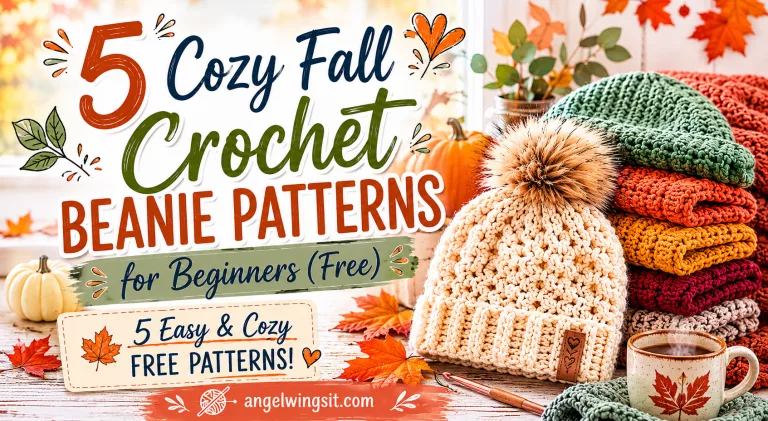 Four handmade crochet beanies in warm fall colors arranged on a wooden background, featuring easy fall crochet beanie patterns.