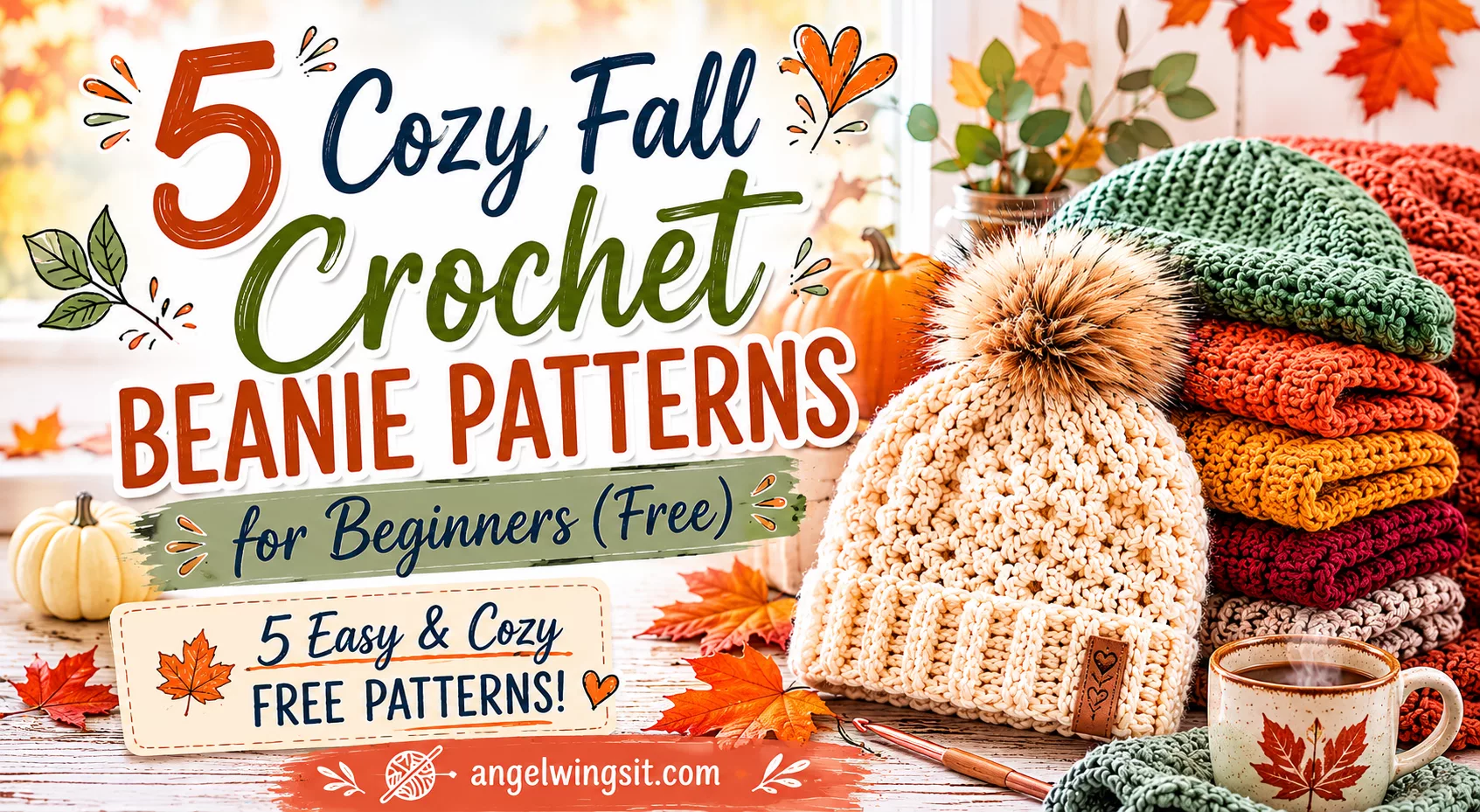 Four handmade crochet beanies in warm fall colors arranged on a wooden background, featuring easy fall crochet beanie patterns.