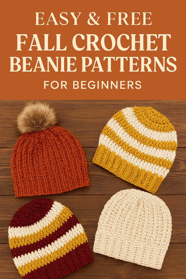 Feature image for blog post titled ‘Easy & Free Fall Crochet Beanie Patterns for Beginners,’ showing four handmade crochet beanies in warm fall colors—rust, mustard, cream, and burgundy—arranged on a rustic wooden background with bold text overlay in cream and burnt orange.