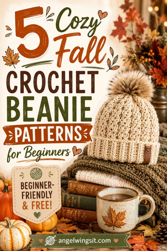 A tall Pinterest graphic featuring a stack of cozy cotton crochet beanies in fall colors like rust, mustard, orange, and cream, with text overlay that reads 5 Cozy Fall Crochet Beanie Patterns for Beginners (Free).