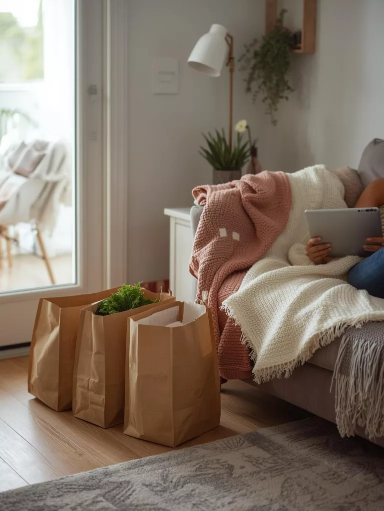 Warm autumn scene with grocery bags at the doorstep and a person resting indoors—illustrates flare-friendly delivery support.