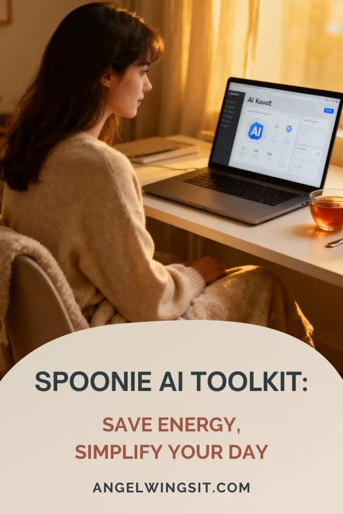 Young woman wrapped in a cozy blanket sits at a desk with a laptop displaying an AI toolkit, cup of tea nearby; overlay text reads “Spoonie AI Toolkit: Save Energy, Simplify Your Day.”
