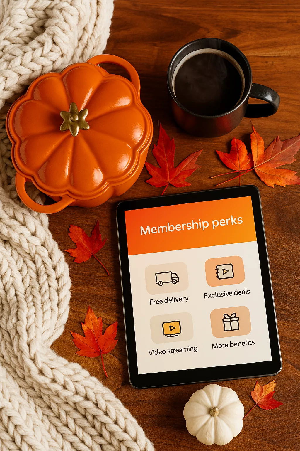Flat lay of pumpkin-shaped Dutch oven, cozy blanket, steaming mug, and tablet showing membership perks—evokes comfort and fall prep ease. Tablet screen displaying Walmart+ and Amazon Prime perks surrounded by fall leaves and cozy textures.
