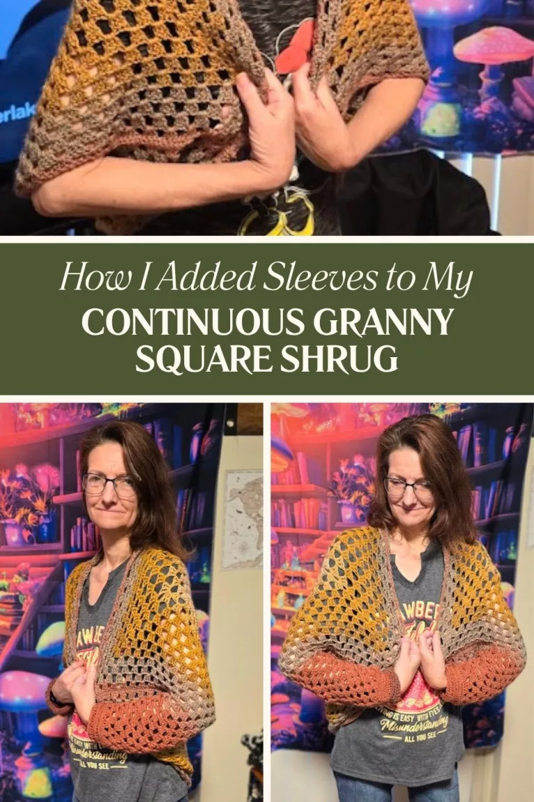 Collage showing a handmade continuous granny square shrug with added sleeves. The top photo highlights the crochet texture and gradient yarn colors, while the bottom photos show the shrug being worn, showcasing its fit, sleeve design, and cozy drape. Text overlay reads “How I Added Sleeves to My Continuous Granny Square Shrug.”