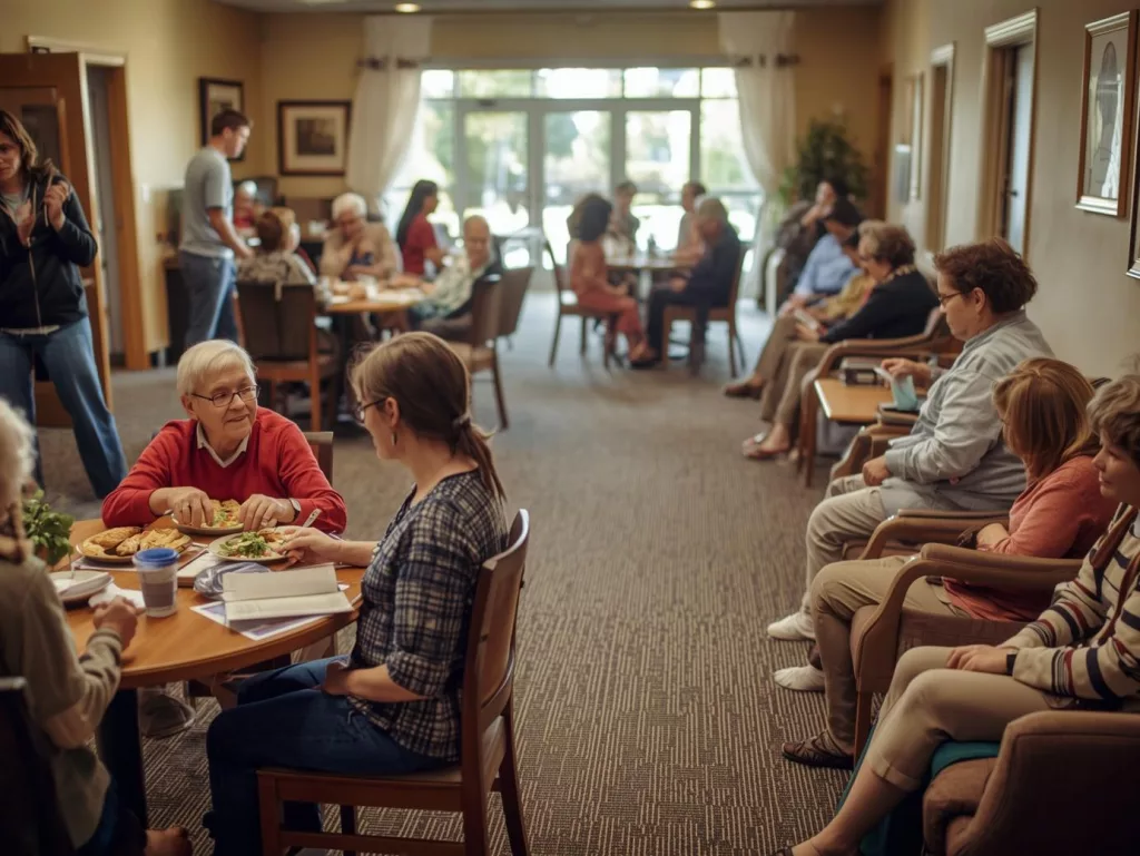 A cozy, inclusive community center scene: people of different ages and abilities sharing food, filling out forms with assistance, and resting together. Gentle lighting, warm colors, and visible accessibility features like ramps and large-print signage.
