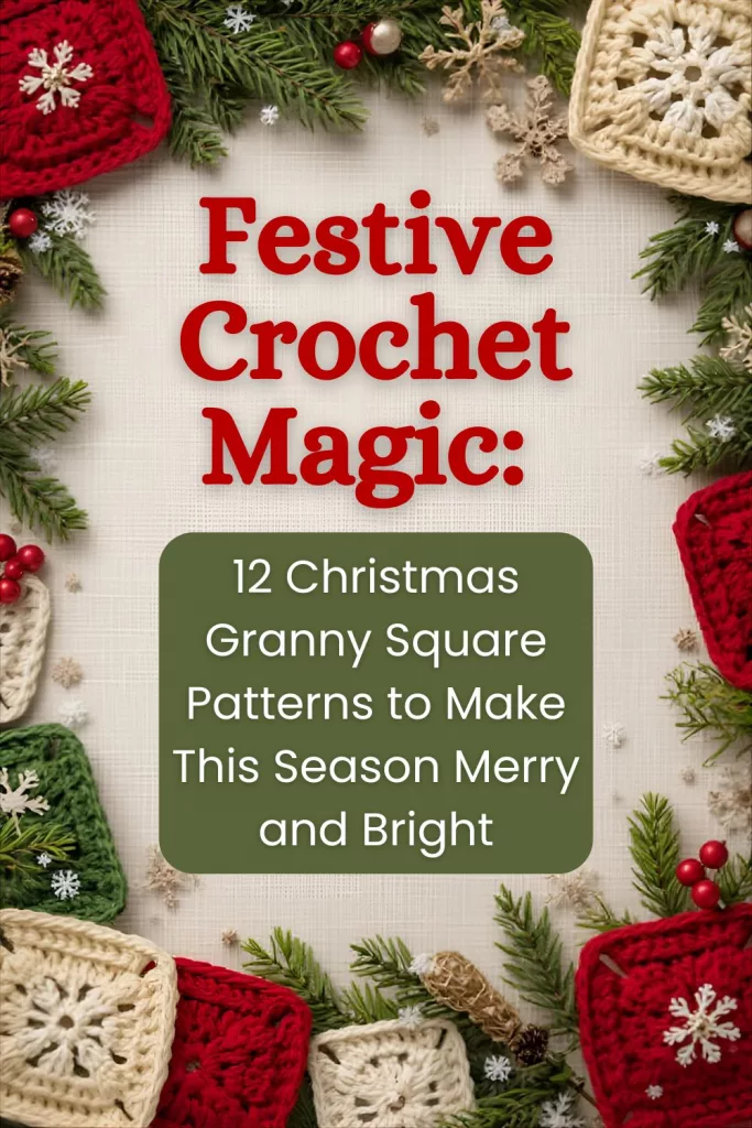 Festive holiday-themed crochet graphic featuring red, cream, and green granny squares with snowflake motifs, pine branches, berries, and ornaments. Central text reads “Festive Crochet Magic: 12 Christmas Granny Square Patterns to Make This Season Merry and Bright.”