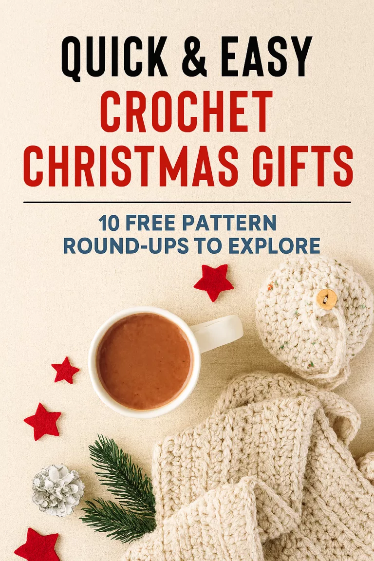Flat lay of handmade crochet Christmas gifts including a scarf, ornament, and hot chocolate, with festive decorations like pine sprigs and red stars. Text overlay reads “Quick & Easy Crochet Christmas Gifts – 10 Free Pattern Round-Ups to Explore.”