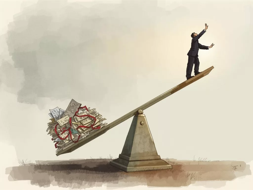 A soft-toned illustration of a scale tipped unevenly, with one side holding paperwork and bureaucracy, and the other side holding a person reaching for help. The background is muted, with warm light suggesting hope beyond the imbalance. Illustrating Social Safety Net Failure 