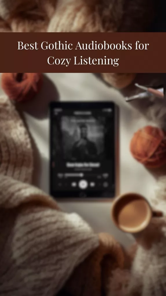 Tablet playing a gothic audiobook surrounded by yarn, crochet hooks, blanket, and coffee in a cozy setting.
