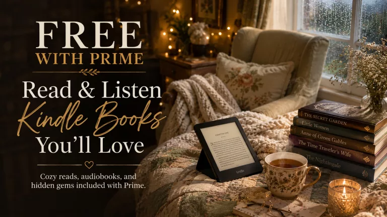 Cozy reading and crafting setup featuring a Kindle displaying a book cover, alongside a textured crochet project with a hook, a ceramic mug with a hot beverage, and a soft knitted blanket under warm, ambient lighting. ree with Prime Read and Listen Kindle Ebooks Featured Image