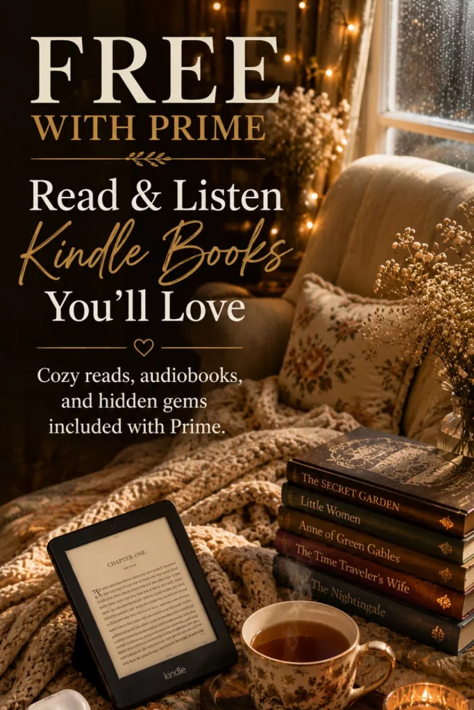 Cozy reading and crafting setup featuring a Kindle displaying a book cover, alongside a textured crochet project with a hook, a ceramic mug with a hot beverage, and a soft knitted blanket under warm, ambient lighting.That reads Free with Prime Read and Listen Kindle Ebooks 