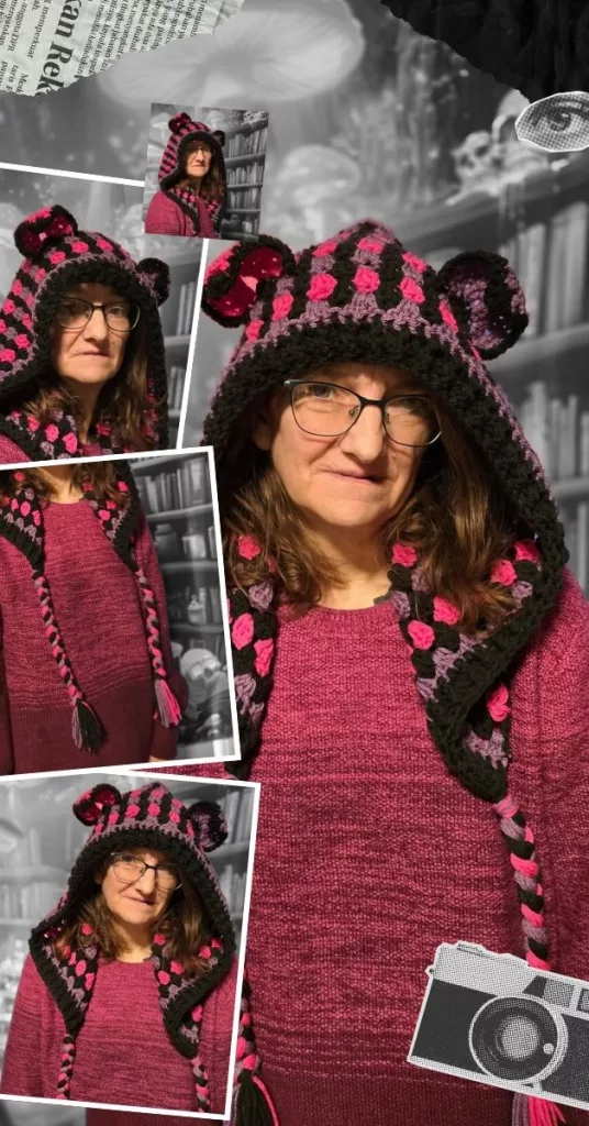A collage showing multiple angles of a handmade crochet hood with cat ears in black, purple, and pink yarn. The person wearing it has glasses and a maroon sweater. The background includes whimsical grayscale bookshelves, mushrooms, and decorative scrapbook elements.