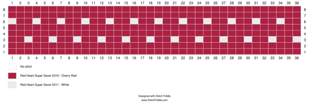 Colorwork chart showing the Heartbeat Stripe pattern with red background stitches and white heart motifs, designed in Stitch Fiddle.