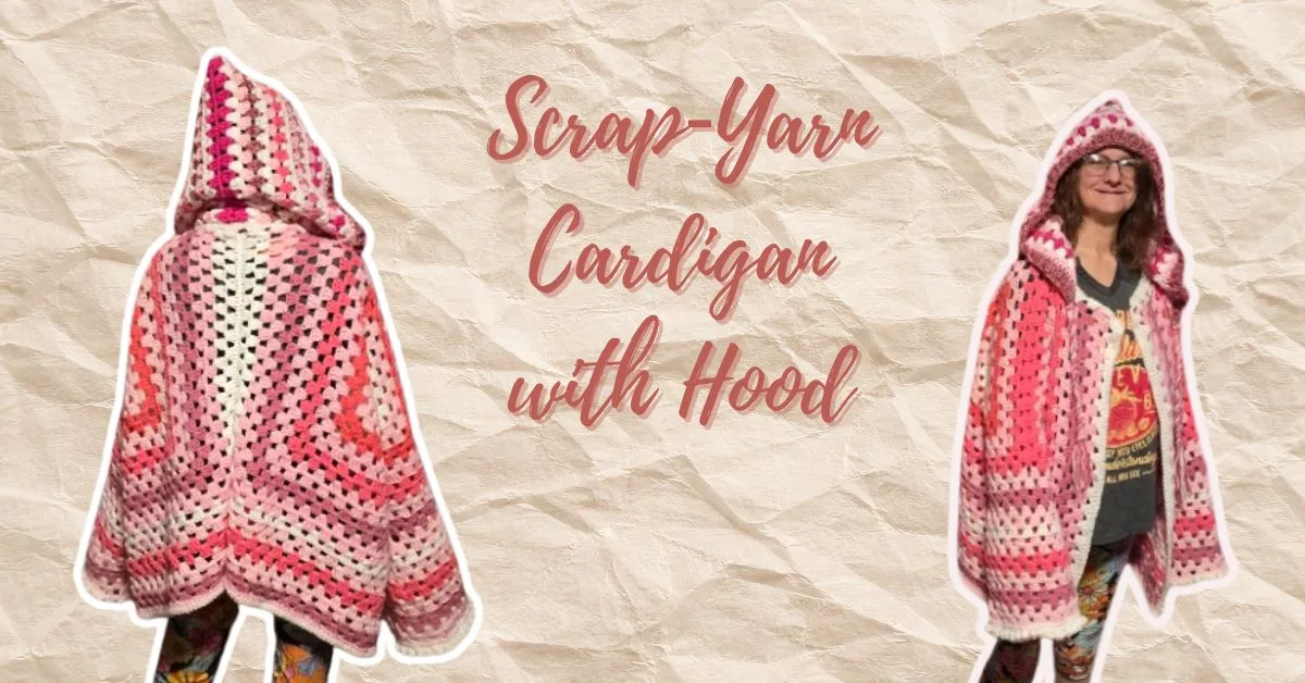 Front and back views of a handmade scrap-yarn crochet cardigan created from scrap yarn in six shades of pink with white accents, featuring a detachable hood and whimsical bell sleeves with a bobble‑shell border.