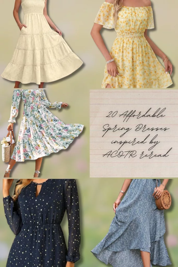 Collage of five affordable spring dresses inspired by ACOTAR, including floral prints, neutrals, and celestial designs, displayed against a soft green background with text reading ‘20 Affordable Spring Dresses inspired by ACOTR reread