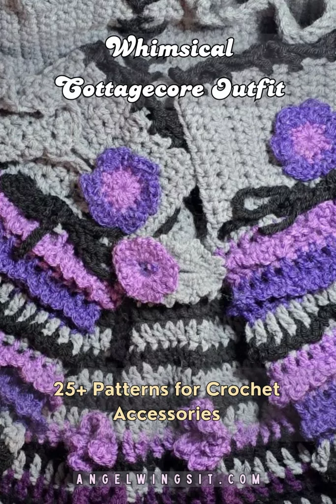 Close-up of a detailed crochet garment featuring purple floral motifs, black lace-like stitching, and grey textures. The text overlay reads "Whimsical Cottagecore Outfit" at the top and "25+ Patterns for Crochet Accessories" at the bottom, with the website angelwingsit.com listed.