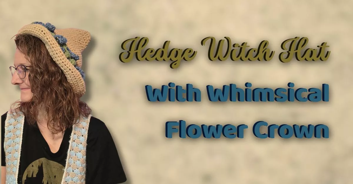 Side view of a handmade Hedge Witch Hat crochet pattern showcasing the pointed tip and blue whimsical flower crown details on a tan base.
