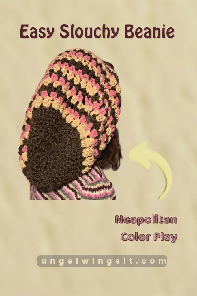 Easy slouchy beanie crochet pattern in Neapolitan colors—brown, pink, and Buff—worn by a person turned away from the camera, showing the oversized slouch and granny‑stitch texture.
