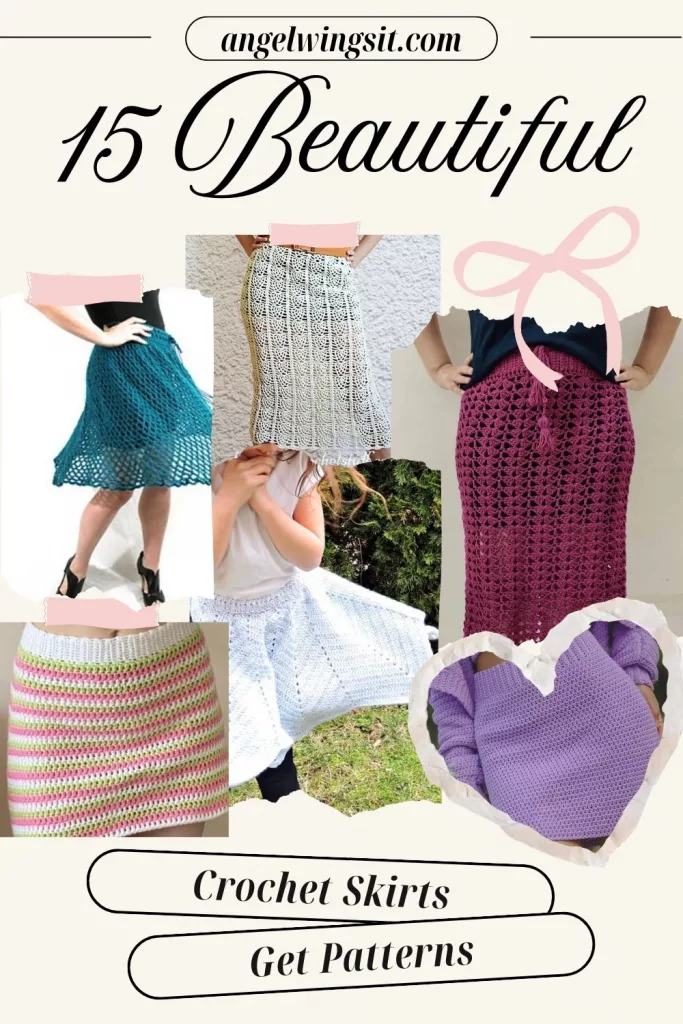 A collage featuring seven different crochet skirt designs in various colors and textures, arranged on a soft beige background with the text “15 Beautiful Crochet Skirts” and a button that says “Get Patterns,” promoting a collection of spring‑ready crochet skirt patterns.
