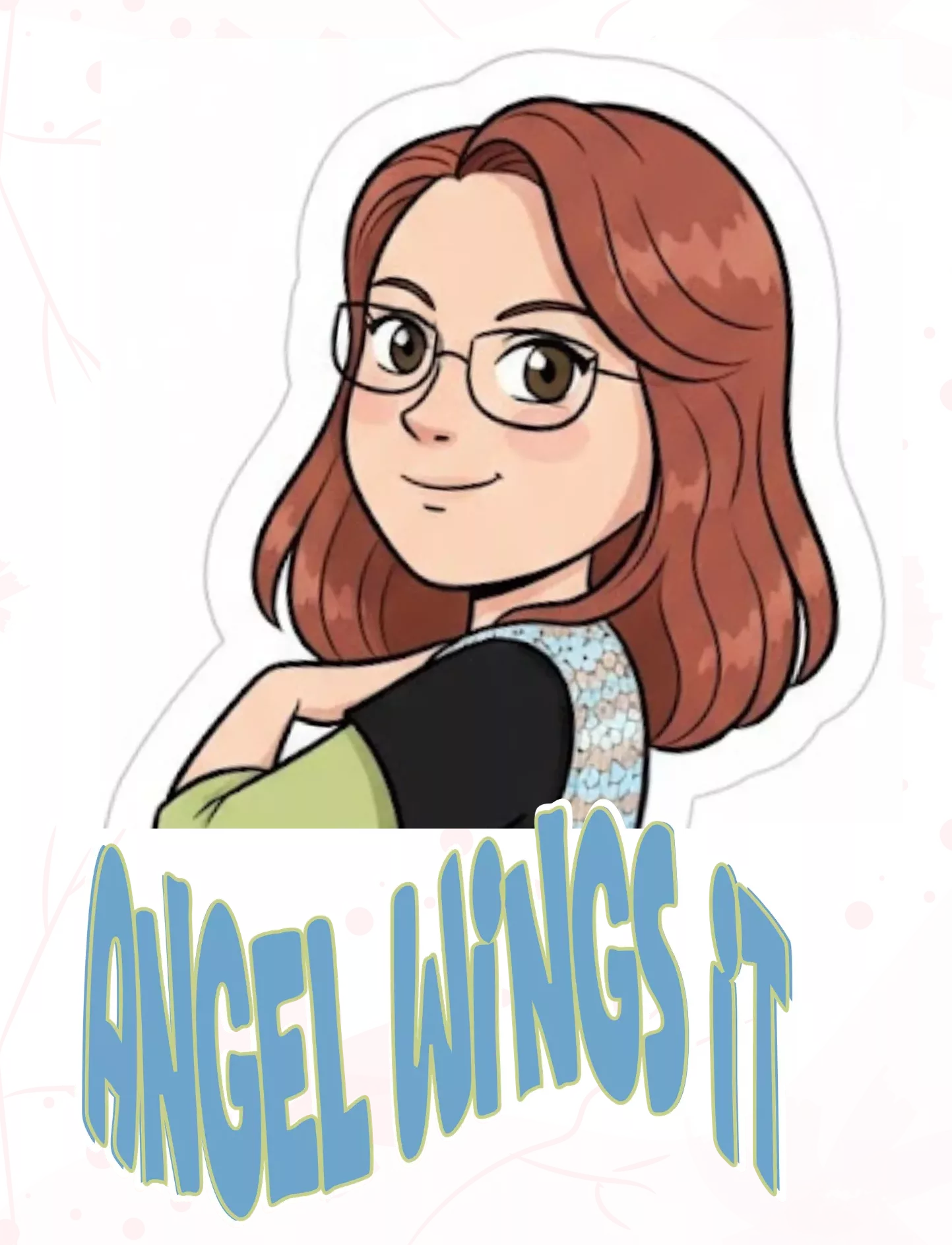 Angel Wings It Logo Sticker of a Red Headed Woman in Glasses with a crocheted vest and tee with text reading Angel Wings It