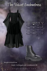Black velvet flare sleeve dress paired with combat boots – dark cottagecore lookbook outfit from Walmart