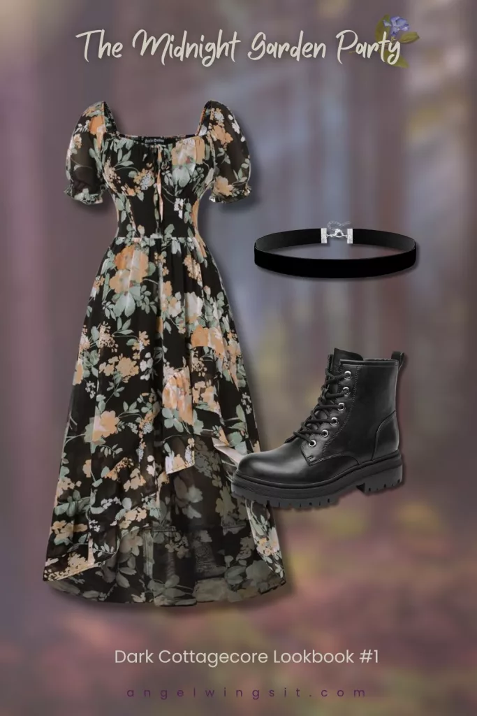 A dark cottagecore lookbook pin featuring a black floral puff-sleeve dress with a high-low hem, a black velvet choker with silver clasp, and black lace-up combat boots on a dreamy twilight garden background.