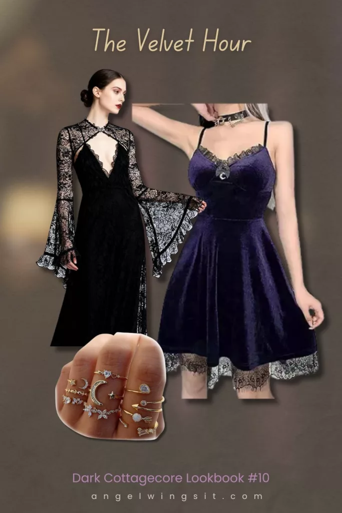 A dark cottagecore lookbook collage featuring a black lace dress with flared sleeves, a deep purple velvet dress with lace trim and crescent moon pendant, and a hand adorned with multiple gold celestial moon and star rings on a dark romantic background.
