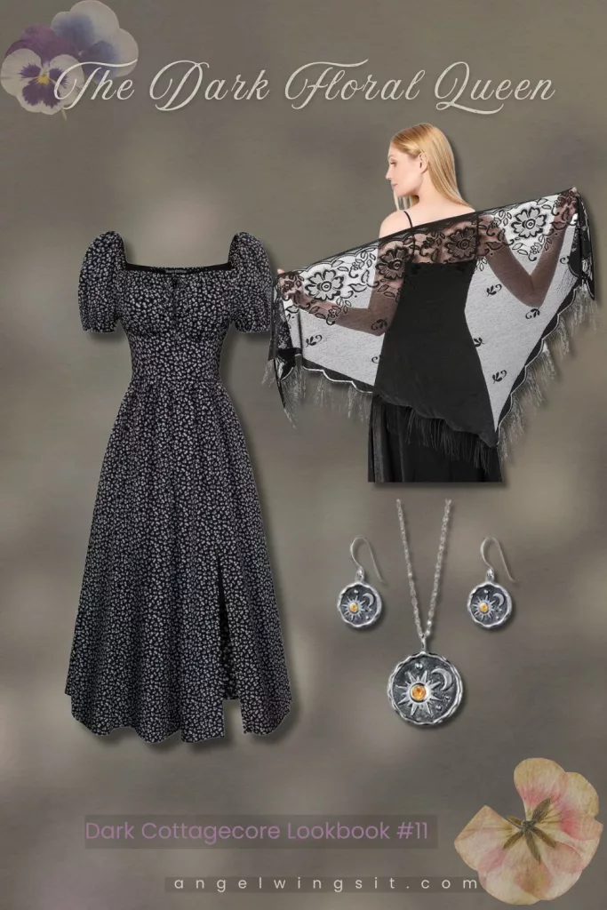 A dark cottagecore lookbook collage featuring a long black floral-patterned dress with puff sleeves and fitted bodice, a sheer black lace shawl with floral embroidery and fringe, and a matching dark floral necklace and earring set on a muted grayish-brown background.