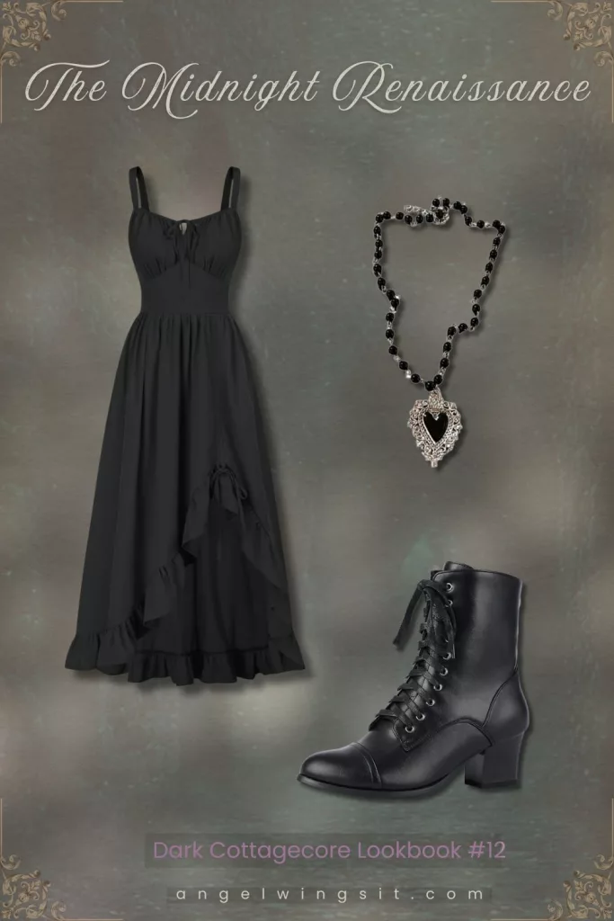 A dark cottagecore lookbook collage featuring a long black dress with ruffled hem and thin straps, a black beaded necklace with a silver ornate heart-shaped pendant, and black lace-up ankle boots with a block heel on a vintage textured background with decorative corner flourishes.