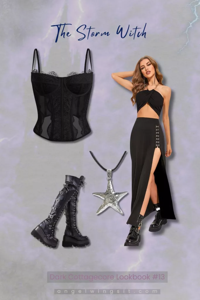 A dark cottagecore lookbook collage featuring a black lace corset top, a long black skirt with high slit and decorative metal clasps, tall black platform boots with multiple buckles and laces, and a silver star pendant necklace on a stormy cloudy background with lightning streaks.
