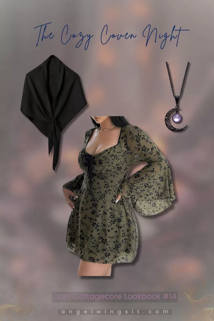 A dark cottagecore lookbook collage featuring an olive-green dress with black floral patterns and flared sleeves, a black shawl wrap, and a crescent moon pendant necklace with a purple crystal gemstone on a warm smoky gradient background.