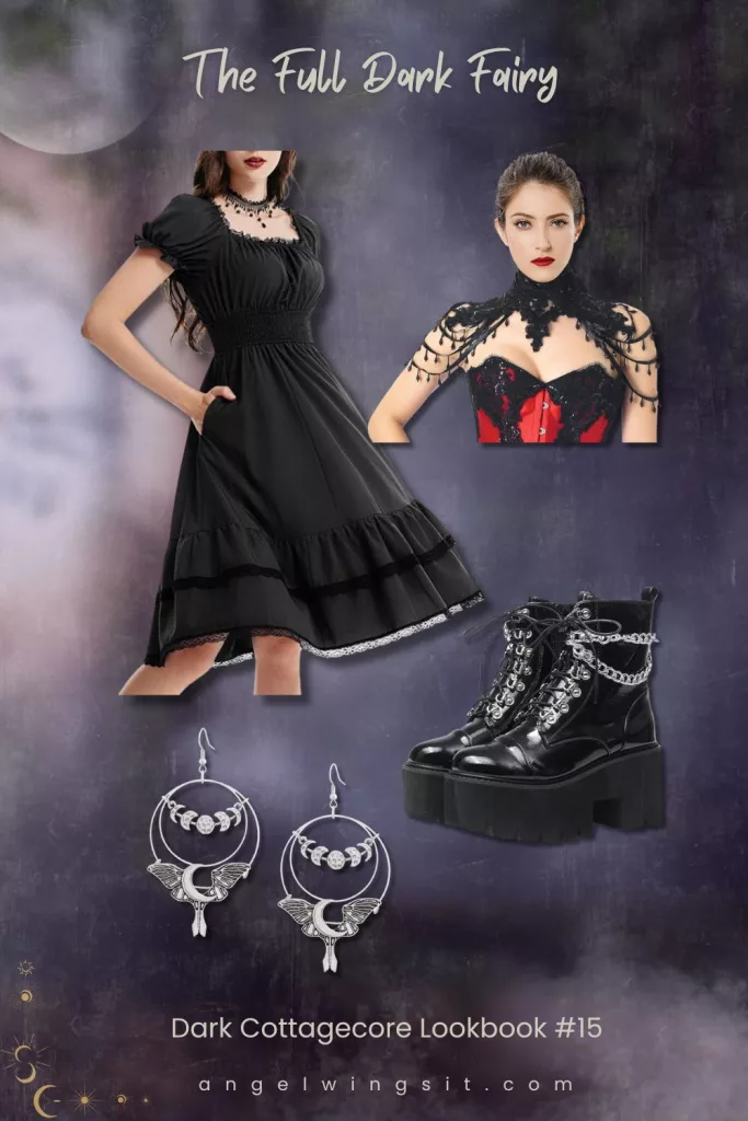 A dark cottagecore lookbook collage featuring a black gothic ruffled dress with smocked waist, a red and black lace choker and chain shoulder wrap, black platform lace-up boots with silver chain details, and silver crescent moon fairy wing earrings on a dark misty purple background with moon and star illustrations.