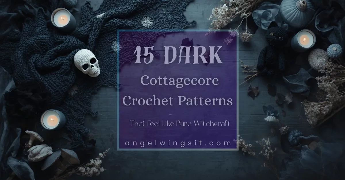 A moody flatlay showcasing dark cottagecore crochet patterns including a skull motif shawl, crescent moon phase wall hanging, black cat amigurumi, and earthy crochet mushrooms arranged on a dark wooden surface surrounded by flickering beeswax candles, dried lavender, and wildflower bundles.