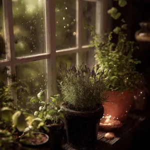 Herbs in dark pots on a rainy windowsill, creating a cozy witchy gardening atmosphere for small indoor spaces.