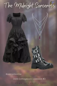 Gothic Victorian witch vampire dress paired with faux leather buckle combat boots – dark cottagecore lookbook outfit from Walmart