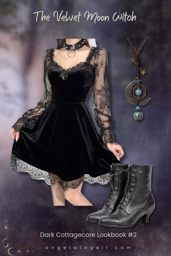 A whimsigoth lookbook collage featuring a black velvet dress with lace sleeves and lace trim hem, a black ring choker, Victorian lace-up ankle boots, and a celestial crescent moon and star necklace on a smoky mystical background.