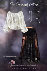 White off-shoulder renaissance peasant blouse paired with gothic lace A-line skirt – dark cottagecore lookbook outfit from Walmart
