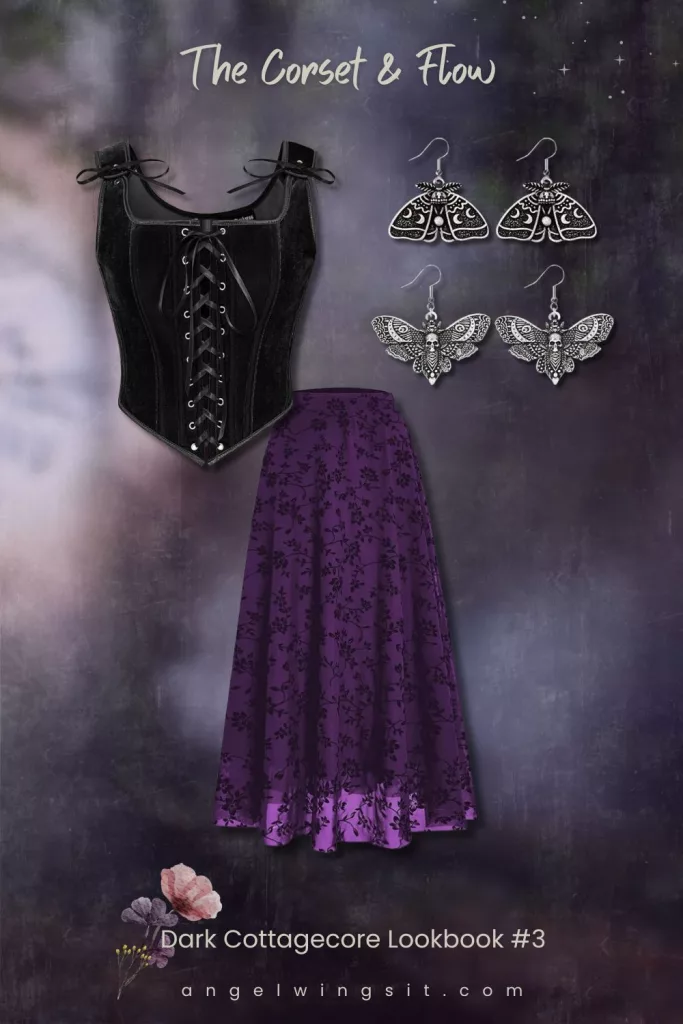 A dark cottagecore lookbook collage featuring a black velvet corset with lace-up front and ribbon shoulder ties, a flowing purple floral maxi skirt, and ornate silver luna moth earrings on a dark misty background with stars and floral accents.