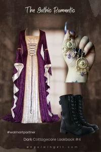 Purple renaissance velvet ruffle flare sleeve dress with lace-up bodice paired with mid-calf combat boots – dark cottagecore lookbook from Walmart