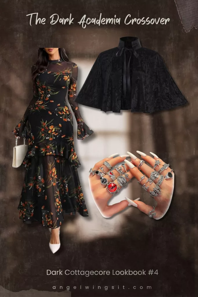 A dark cottagecore lookbook collage featuring a black floral sheer-sleeved mesh dress with ruffled layers, a short black velvet cape with ribbon tie, and hands adorned with multiple ornate silver rings on a textured dark brown background.